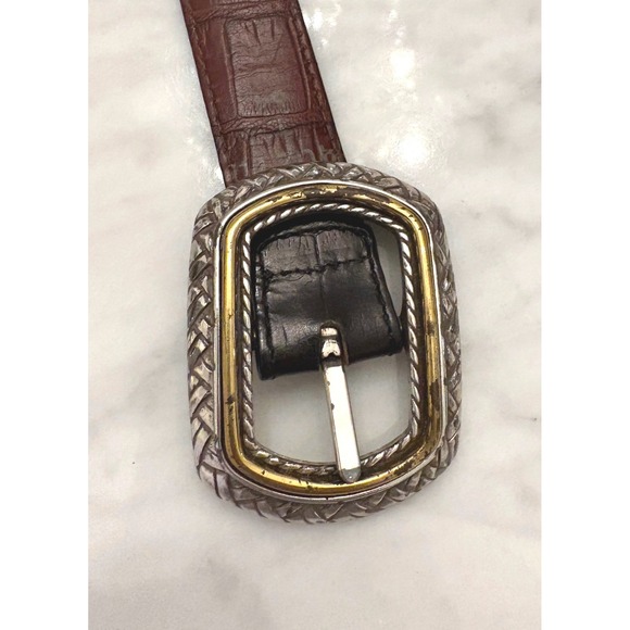 Vintage Reversible Leather Belt Western Silver Gold Hardware Brown/Dark Brown 34 main image 7